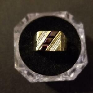 Men’s Garnet & Diamond Ring in 14k Yellow Gold